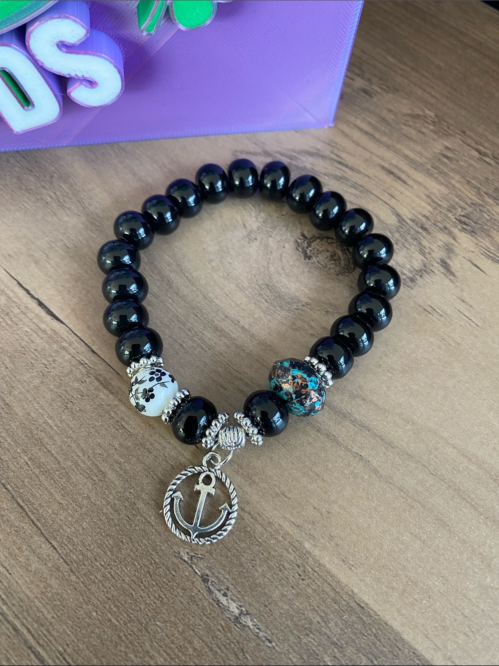 Black Beaded Anchor Charm Bracelet - Unbranded - Picture 1 of 1